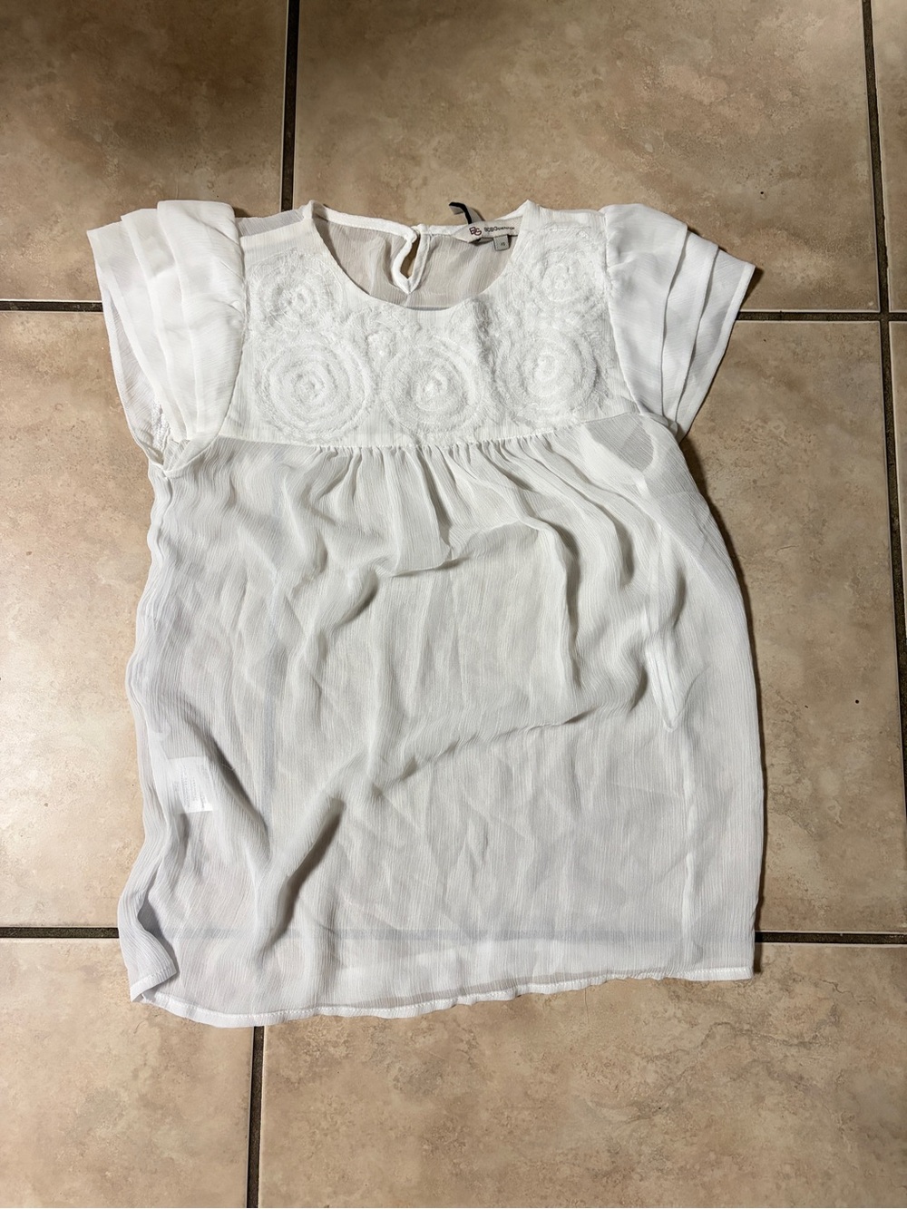 BCBGeneration White Short Sleeve Embroidered Yoke Blouse